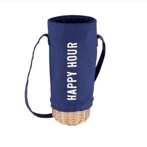 Navy Canvas & Wicker Picnic Wine Bag - Happy Hour - New